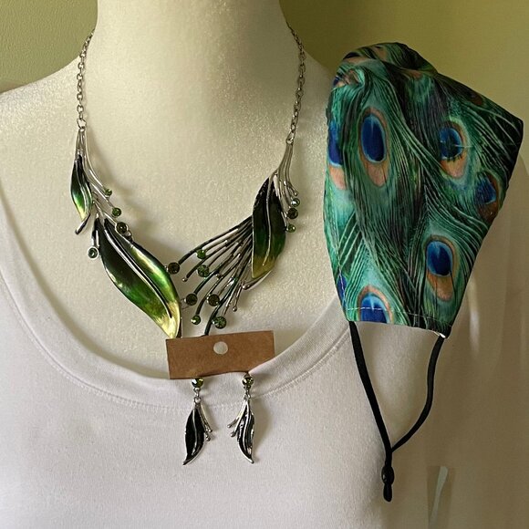 Adorable Peacock Necklace, Earrings, & Cotton Face Mask Set - Picture 2 of 12